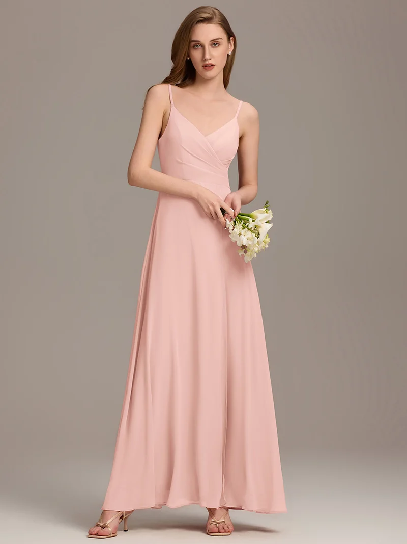 ever RENÉ|Robe de demoiselle d'honneur plissée à bretelles minces et col V