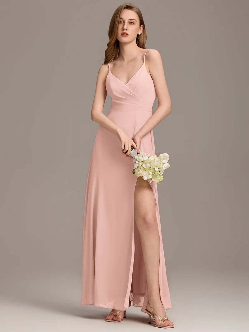 ever RENÉ|Robe de demoiselle d'honneur plissée à bretelles minces et col V