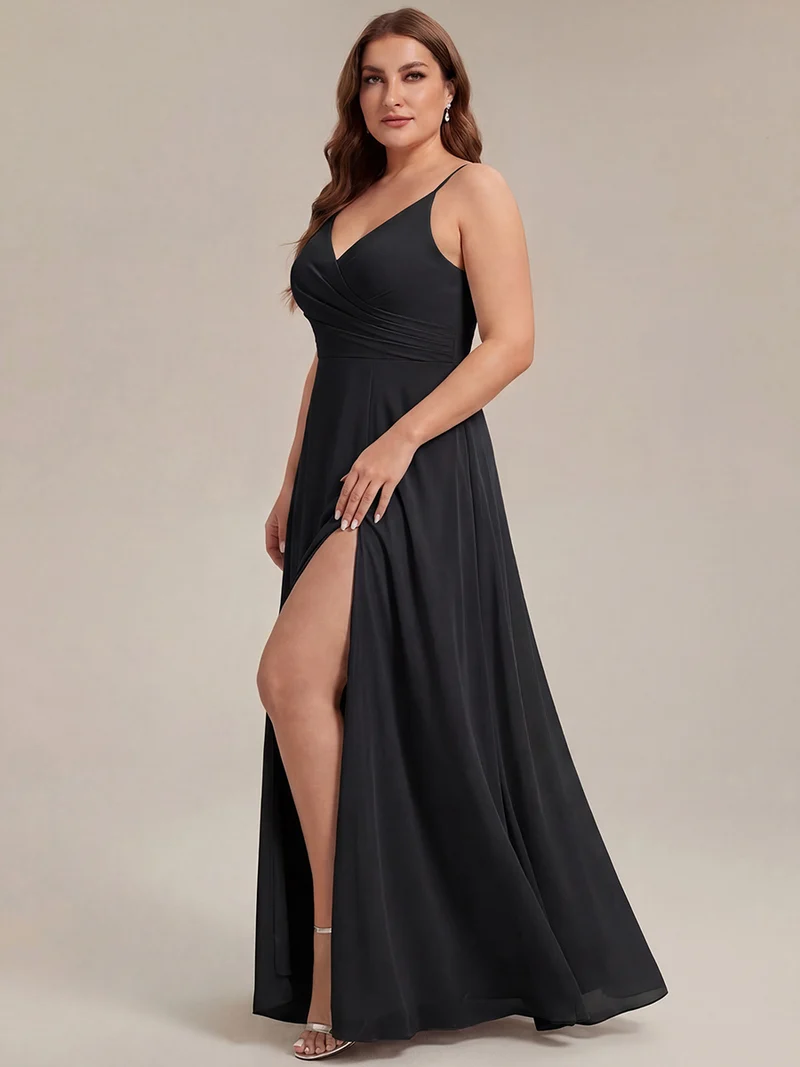 ever RENÉ|Robe de demoiselle d'honneur plissée à bretelles minces et col V
