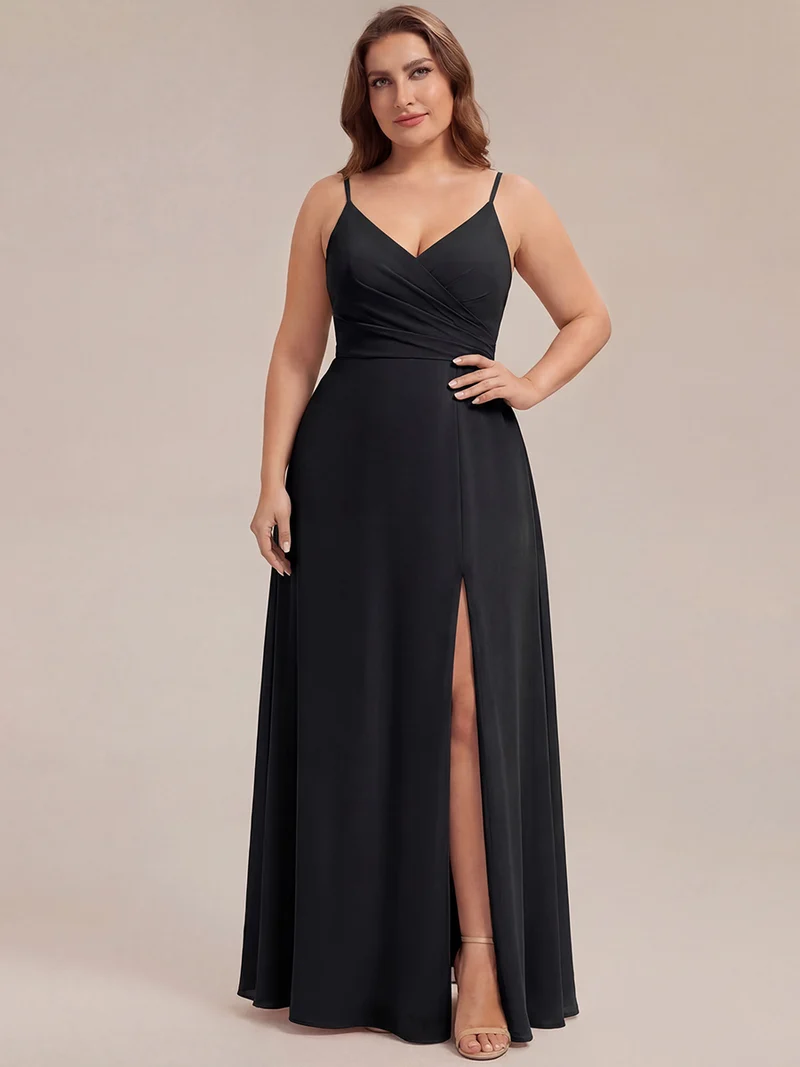 ever RENÉ|Robe de demoiselle d'honneur plissée à bretelles minces et col V