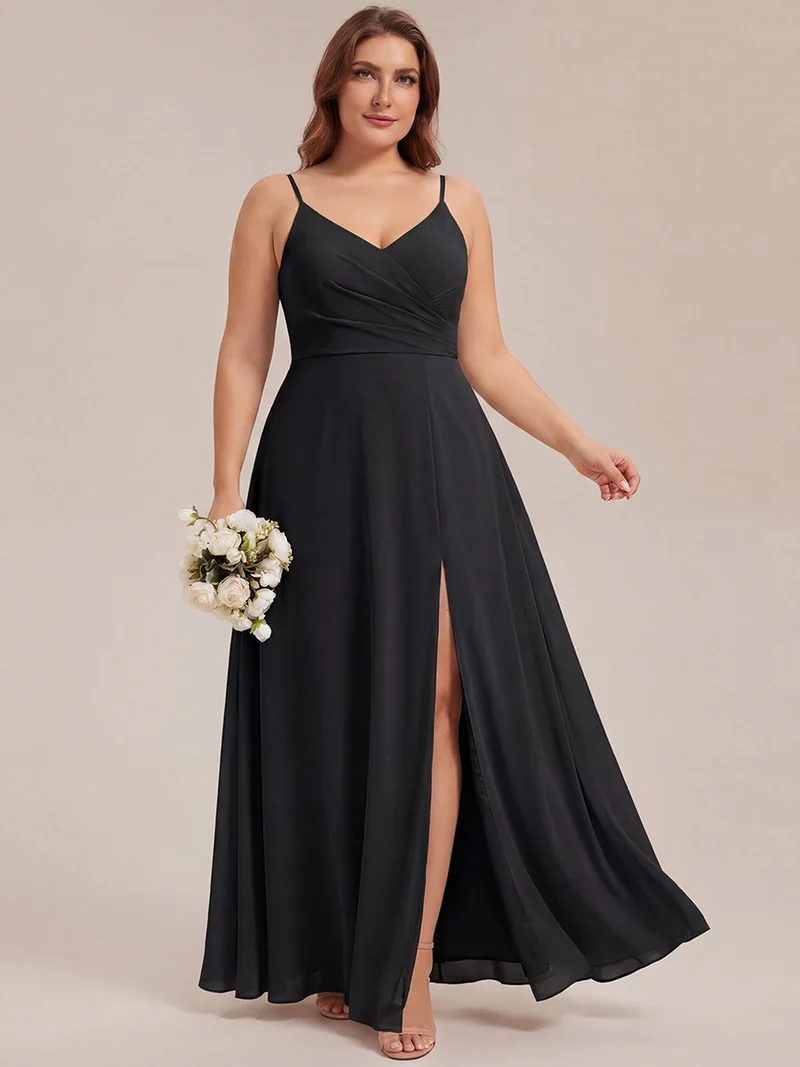 ever RENÉ|Robe de demoiselle d'honneur plissée à bretelles minces et col V