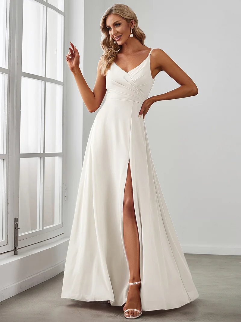 ever RENÉ|Robe de demoiselle d'honneur plissée à bretelles minces et col V