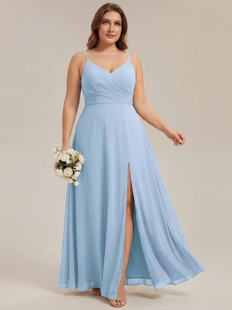 ever RENÉ|Robe de demoiselle d'honneur plissée à bretelles minces et col V