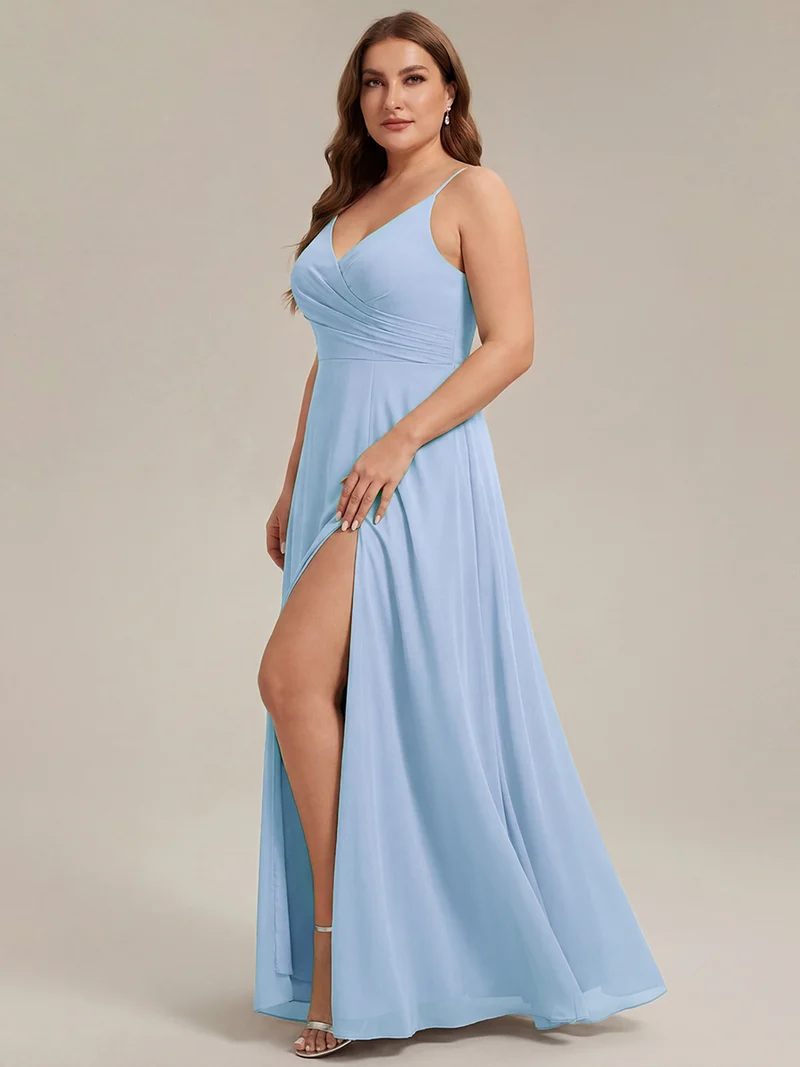 ever RENÉ|Robe de demoiselle d'honneur plissée à bretelles minces et col V