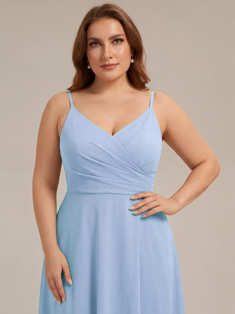 ever RENÉ|Robe de demoiselle d'honneur plissée à bretelles minces et col V