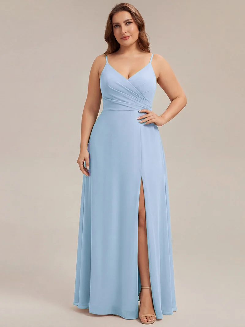 ever RENÉ|Robe de demoiselle d'honneur plissée à bretelles minces et col V