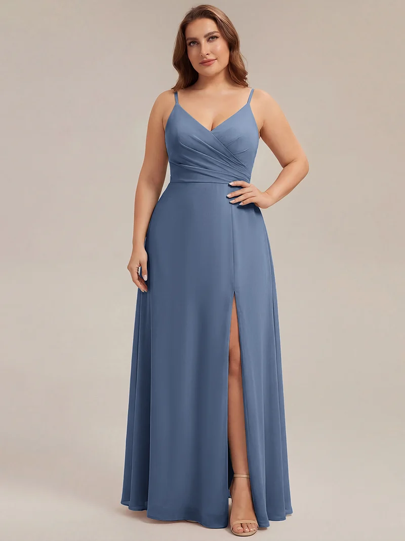 ever RENÉ|Robe de demoiselle d'honneur plissée à bretelles minces et col V