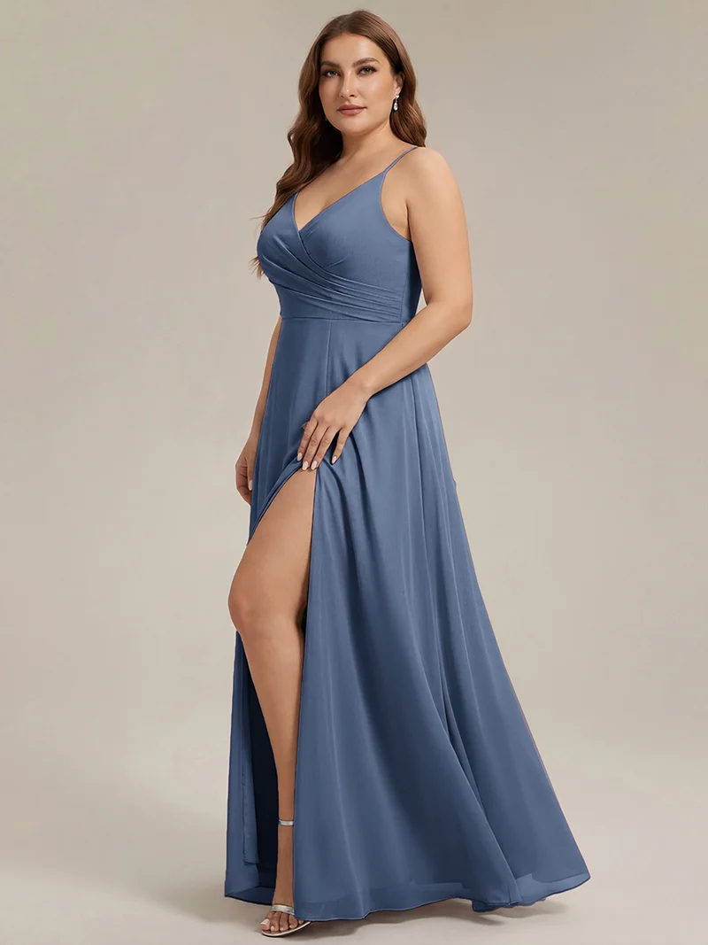 ever RENÉ|Robe de demoiselle d'honneur plissée à bretelles minces et col V
