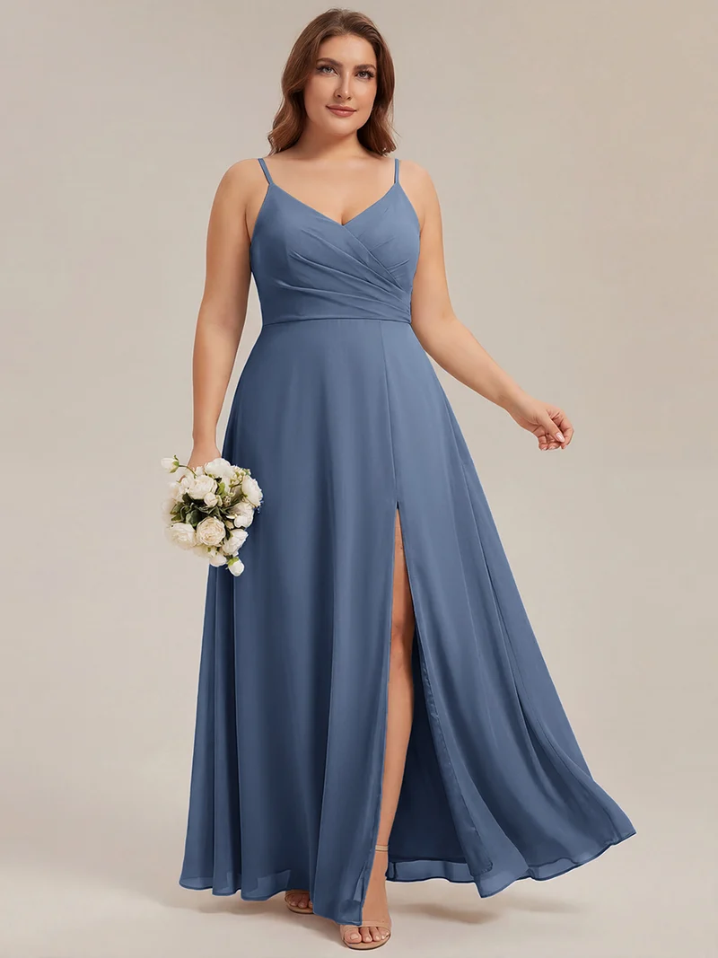 ever RENÉ|Robe de demoiselle d'honneur plissée à bretelles minces et col V