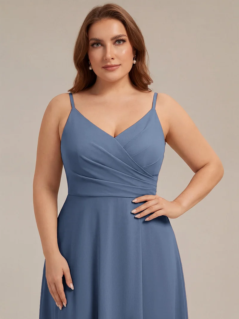 ever RENÉ|Robe de demoiselle d'honneur plissée à bretelles minces et col V