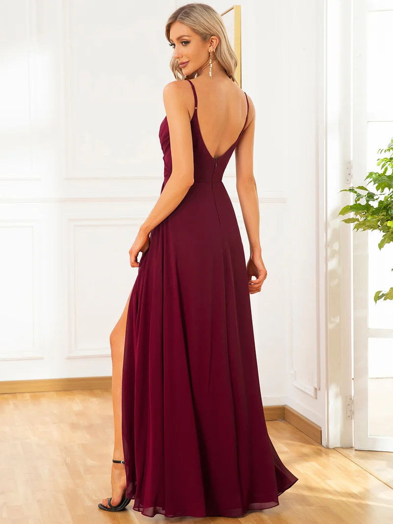 ever RENÉ|Robe de demoiselle d'honneur plissée à bretelles minces et col V