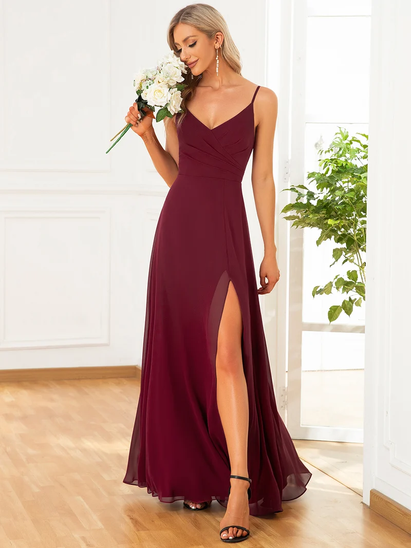 ever RENÉ|Robe de demoiselle d'honneur plissée à bretelles minces et col V