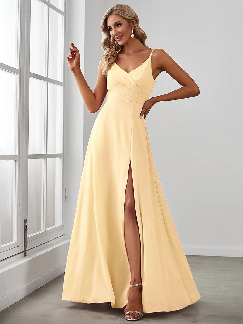 ever RENÉ|Robe de demoiselle d'honneur plissée à bretelles minces et col V