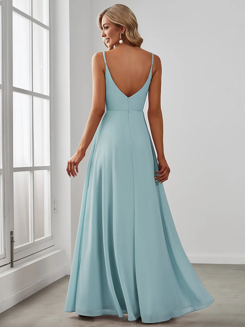 ever RENÉ|Robe de demoiselle d'honneur plissée à bretelles minces et col V