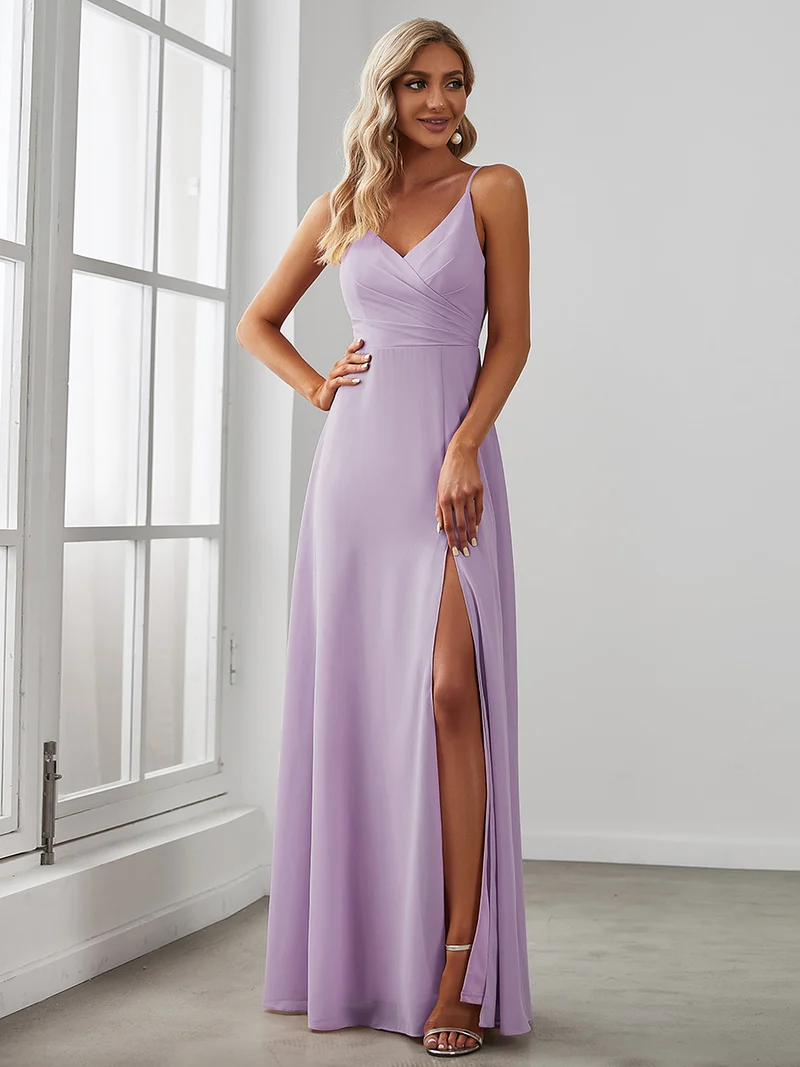 ever RENÉ|Robe de demoiselle d'honneur plissée à bretelles minces et col V