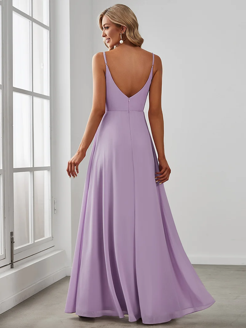 ever RENÉ|Robe de demoiselle d'honneur plissée à bretelles minces et col V