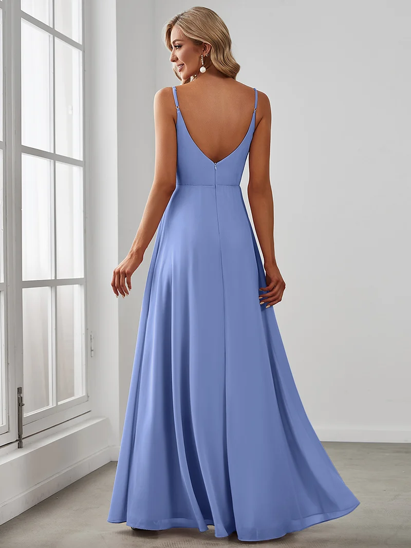 ever RENÉ|Robe de demoiselle d'honneur plissée à bretelles minces et col V