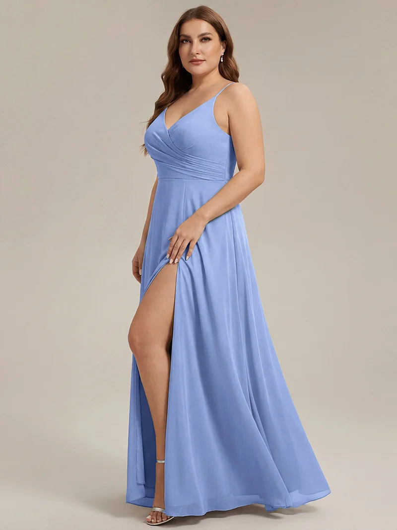 ever RENÉ|Robe de demoiselle d'honneur plissée à bretelles minces et col V
