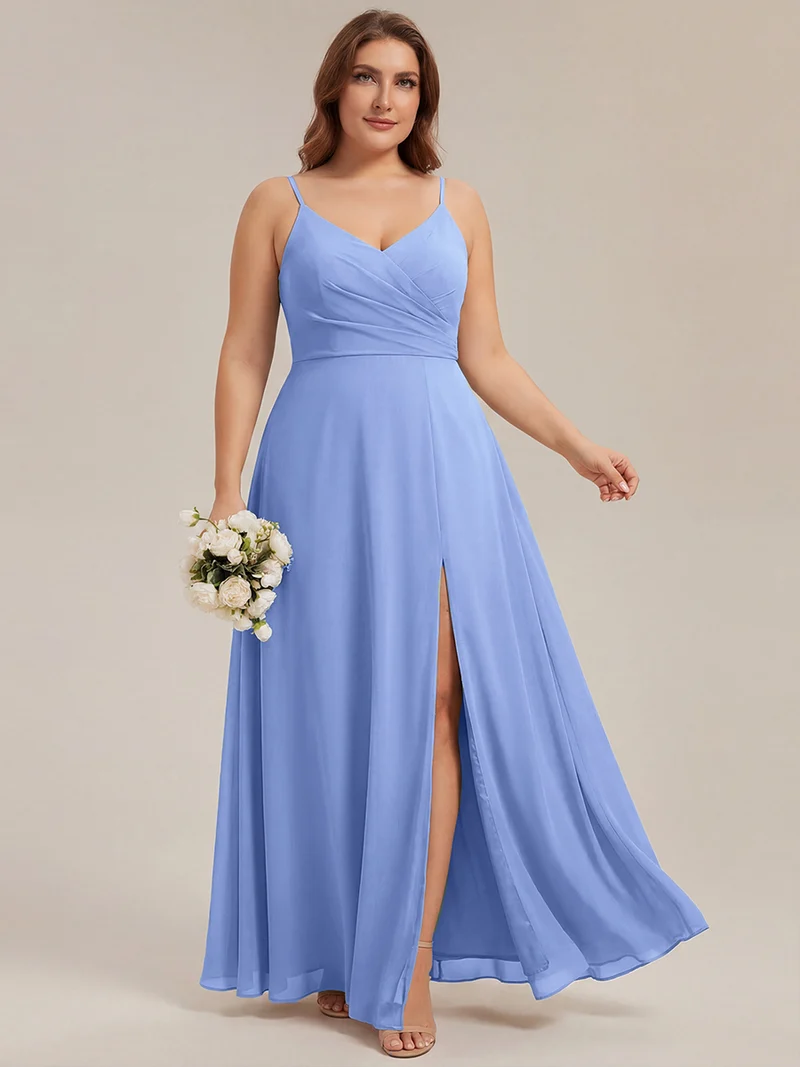 ever RENÉ|Robe de demoiselle d'honneur plissée à bretelles minces et col V