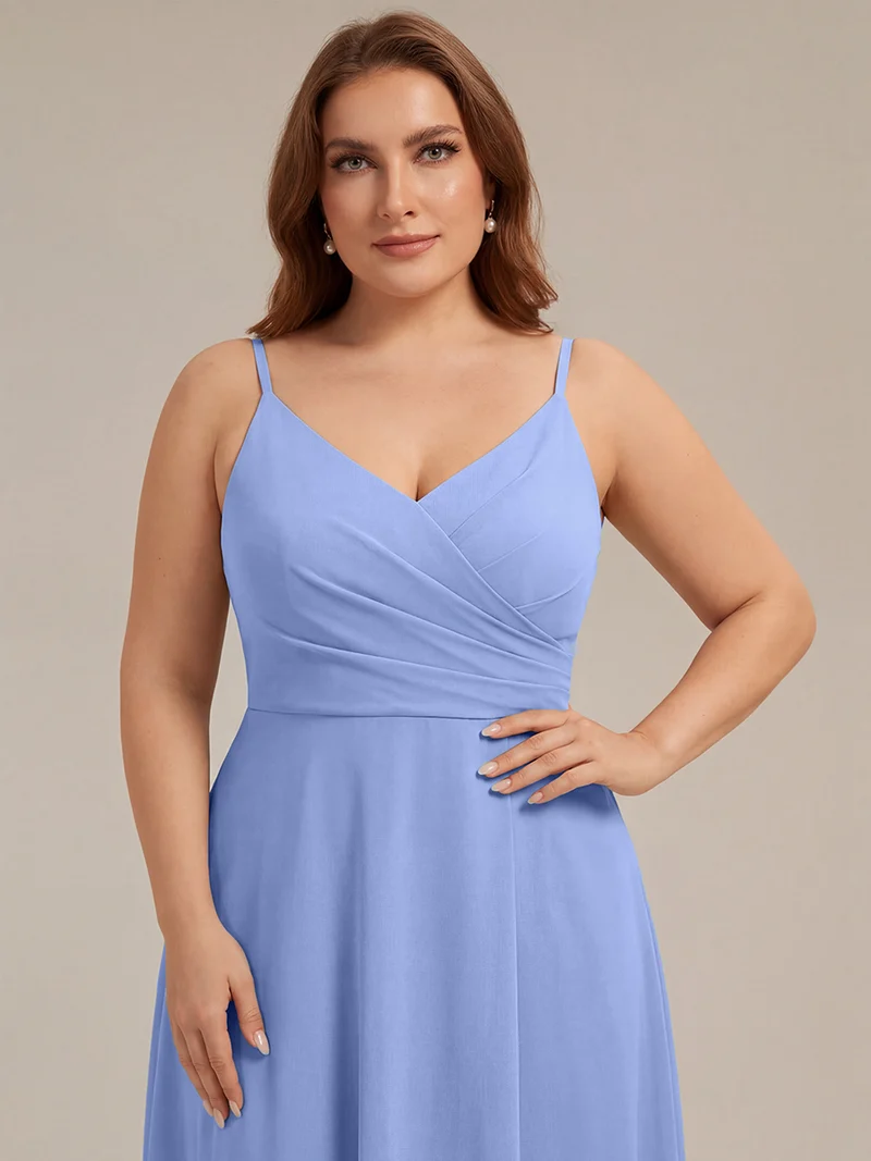 ever RENÉ|Robe de demoiselle d'honneur plissée à bretelles minces et col V