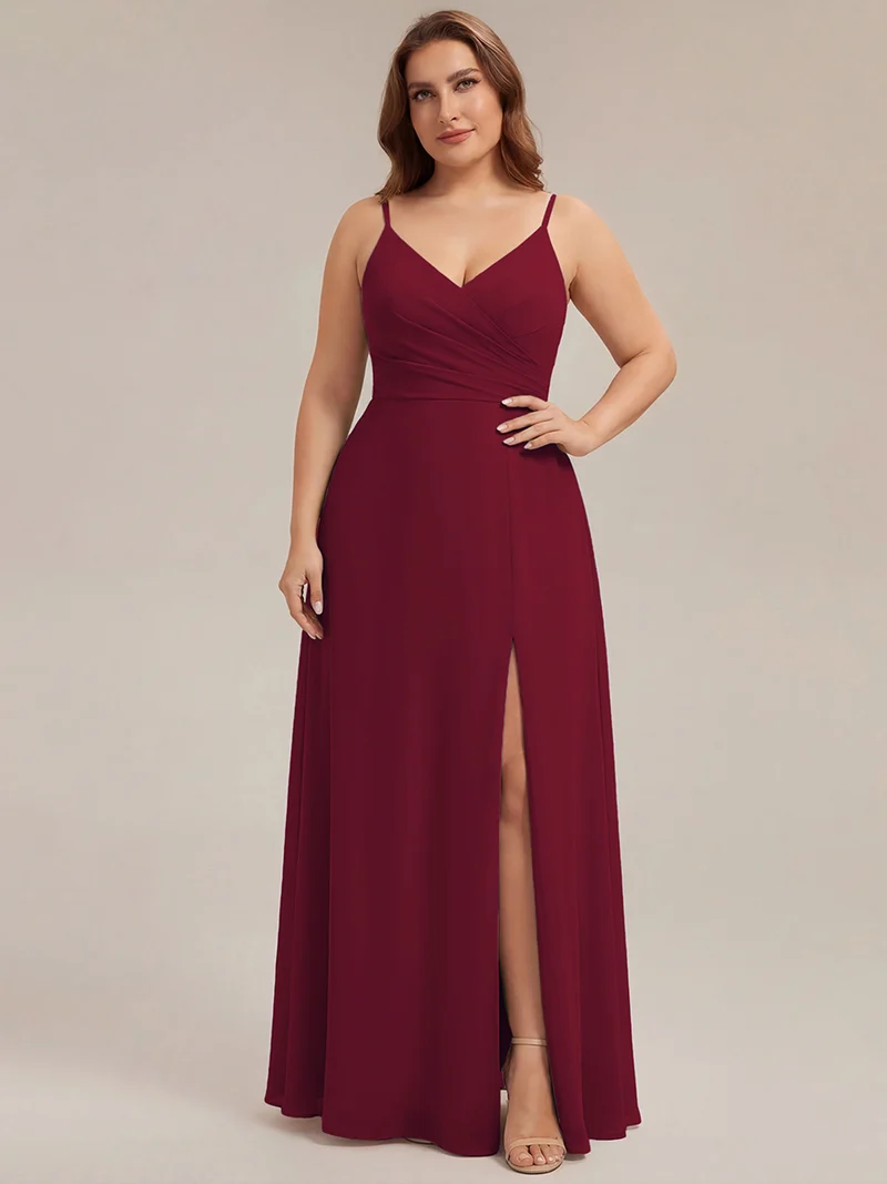 ever RENÉ|Robe de demoiselle d'honneur plissée à bretelles minces et col V