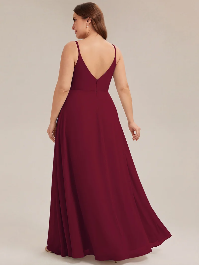 ever RENÉ|Robe de demoiselle d'honneur plissée à bretelles minces et col V