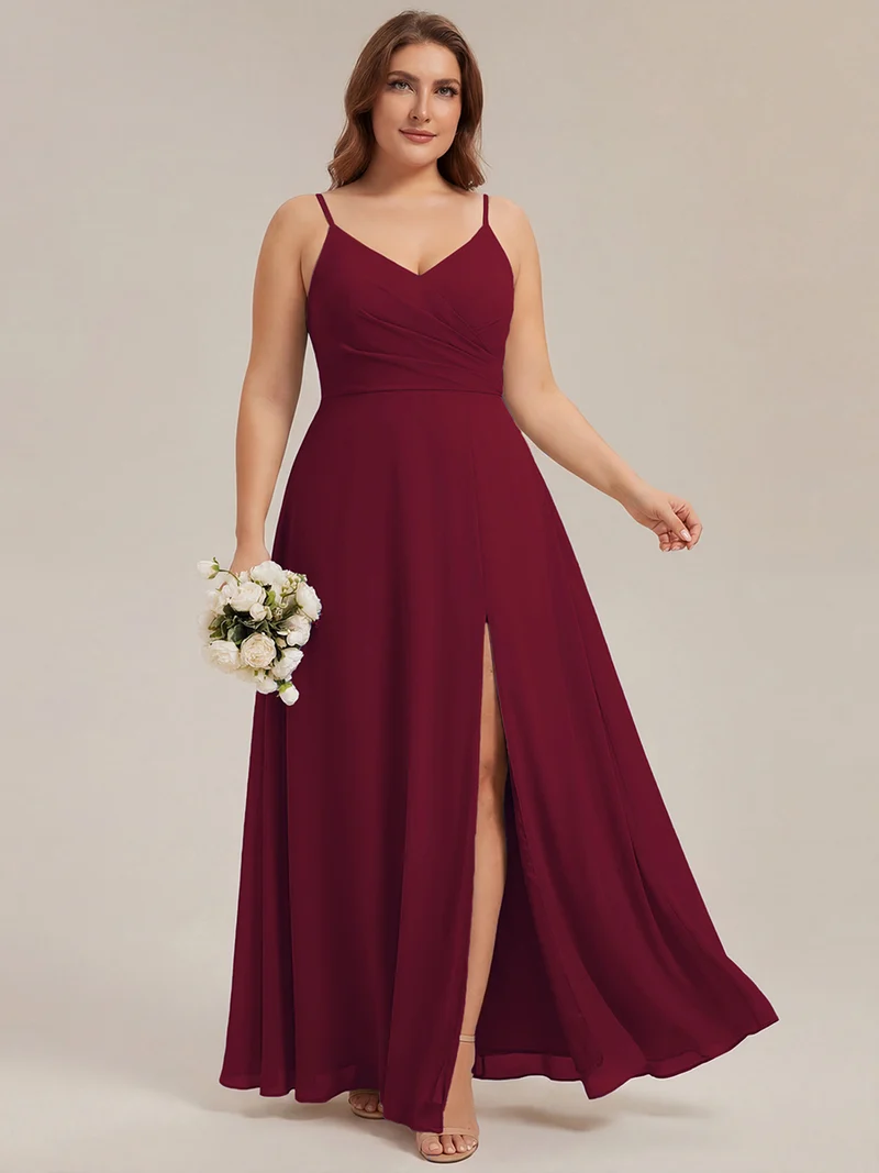 ever RENÉ|Robe de demoiselle d'honneur plissée à bretelles minces et col V
