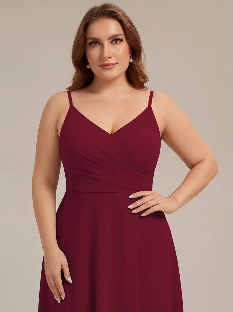 ever RENÉ|Robe de demoiselle d'honneur plissée à bretelles minces et col V