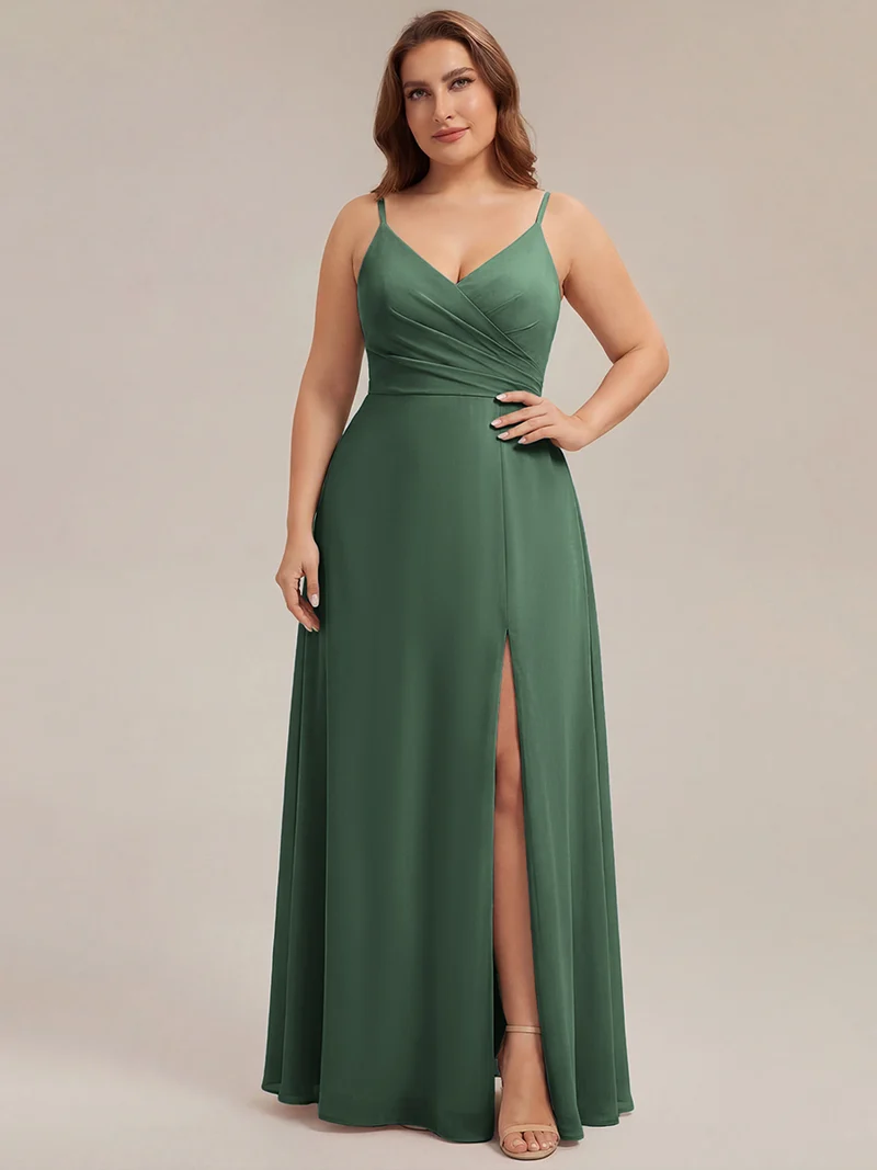 ever RENÉ|Robe de demoiselle d'honneur plissée à bretelles minces et col V
