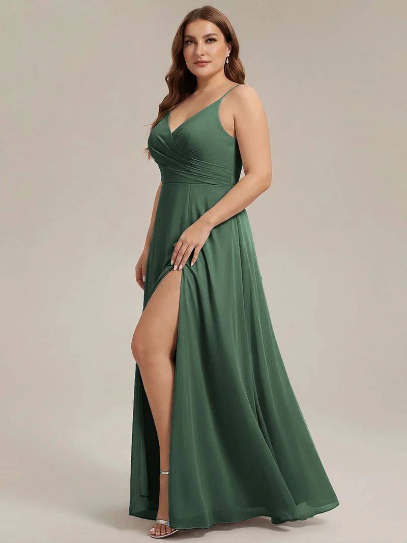 ever RENÉ|Robe de demoiselle d'honneur plissée à bretelles minces et col V