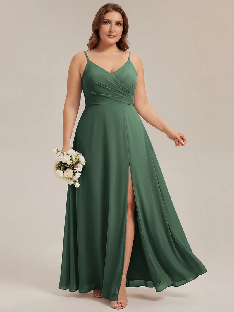 ever RENÉ|Robe de demoiselle d'honneur plissée à bretelles minces et col V
