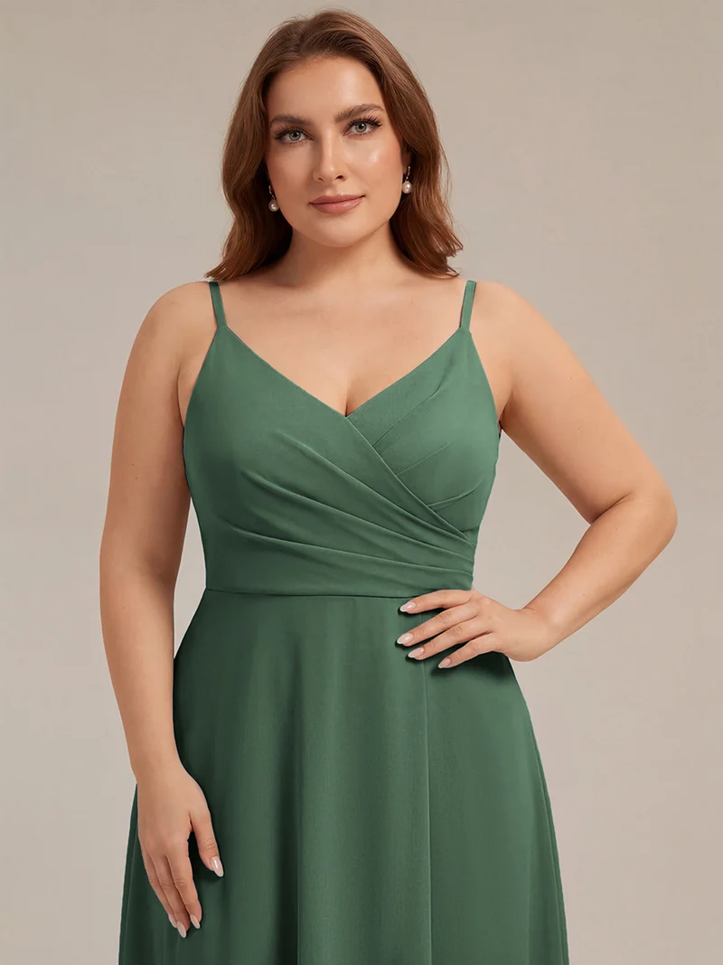 ever RENÉ|Robe de demoiselle d'honneur plissée à bretelles minces et col V