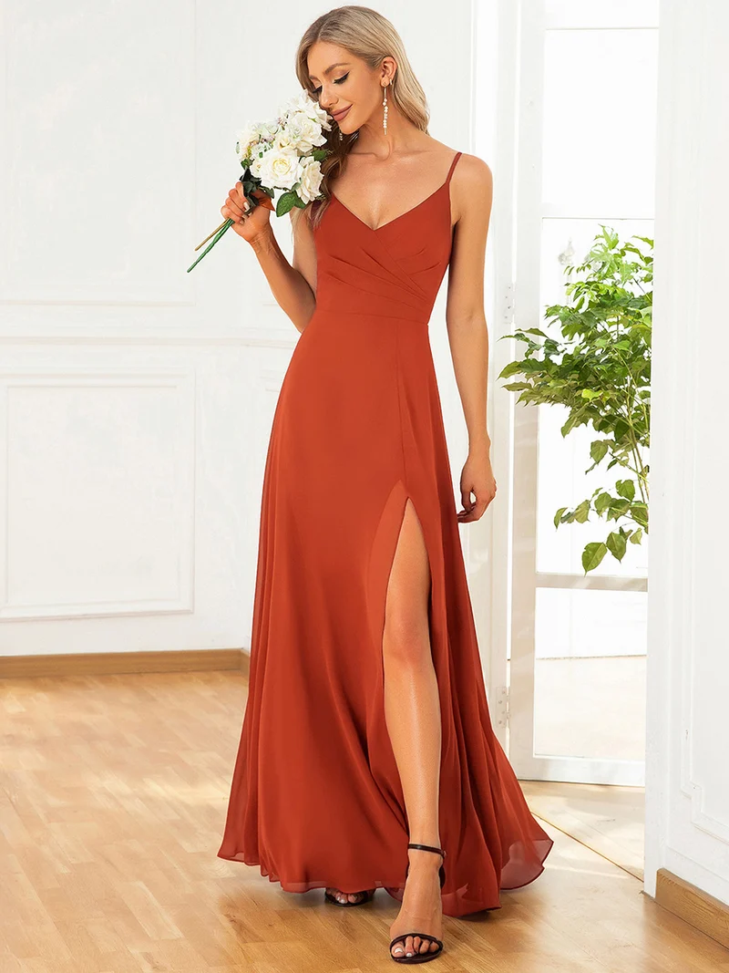 ever RENÉ|Robe de demoiselle d'honneur plissée à bretelles minces et col V