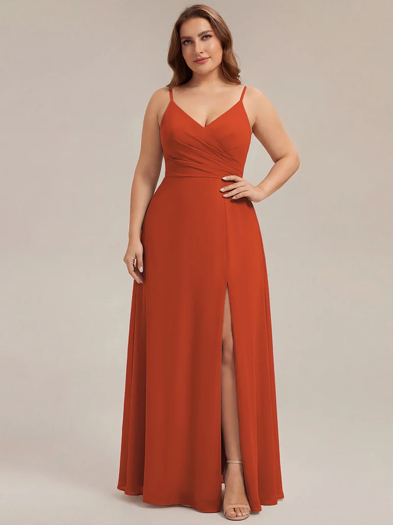 ever RENÉ|Robe de demoiselle d'honneur plissée à bretelles minces et col V