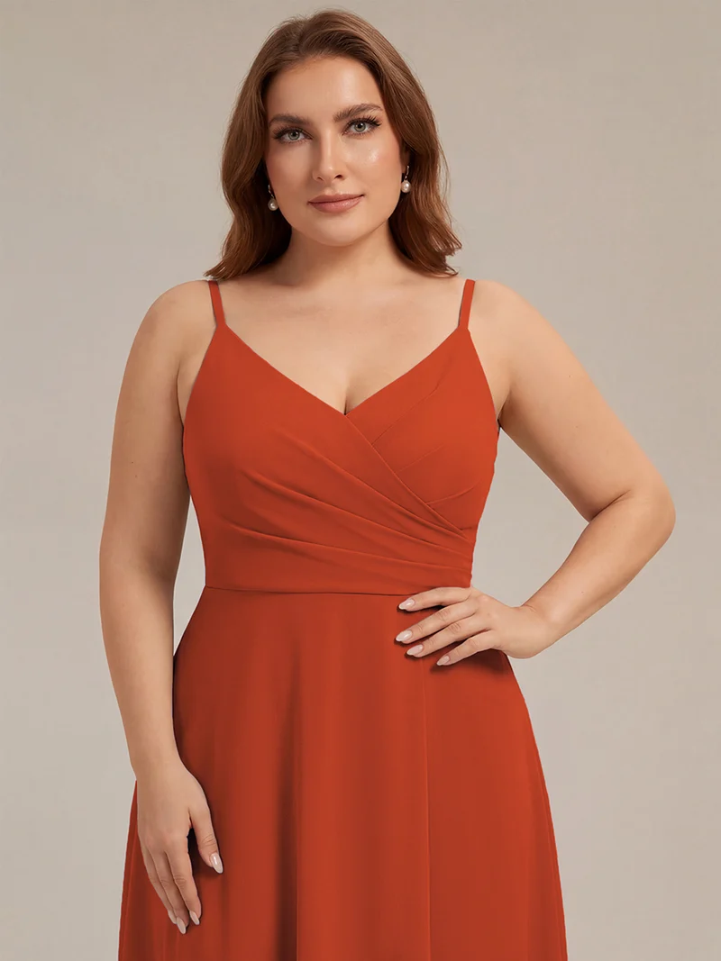 ever RENÉ|Robe de demoiselle d'honneur plissée à bretelles minces et col V