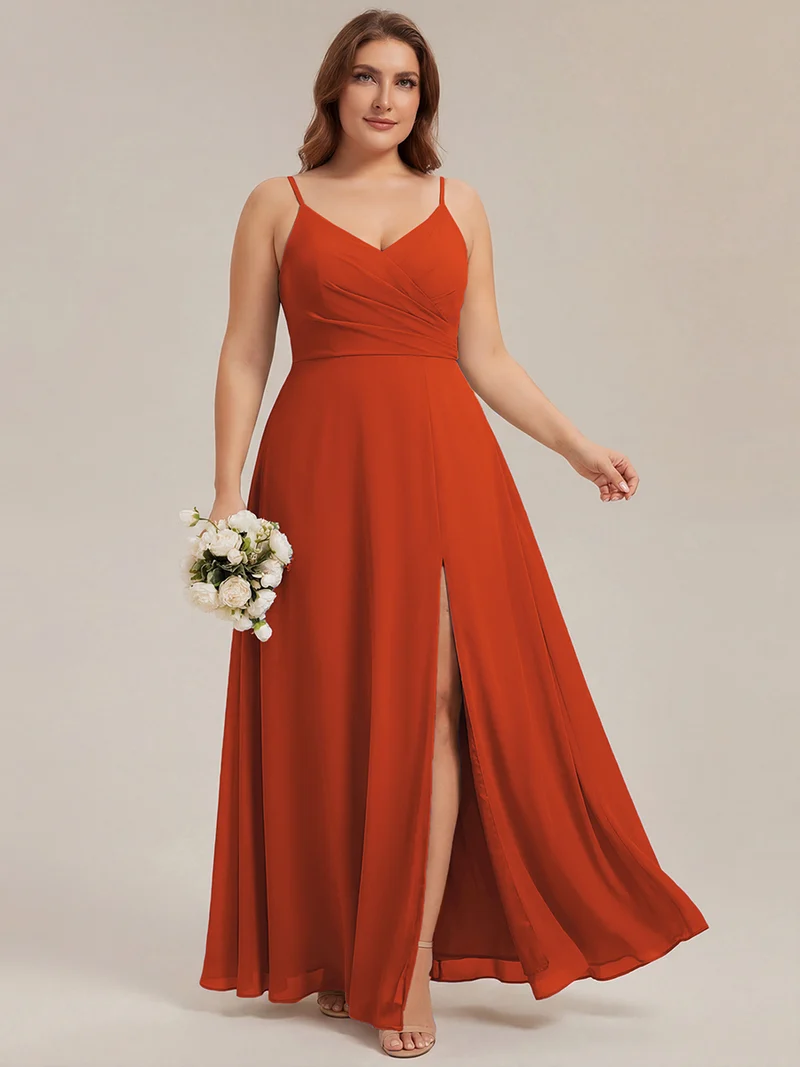 ever RENÉ|Robe de demoiselle d'honneur plissée à bretelles minces et col V