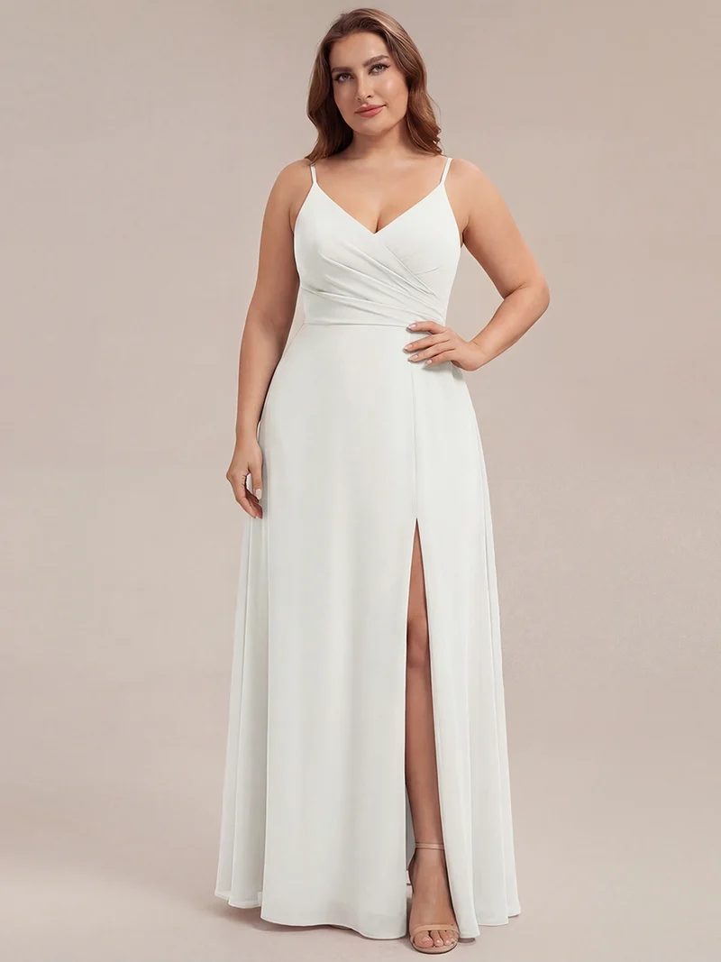 ever RENÉ|Robe de demoiselle d'honneur plissée à bretelles minces et col V