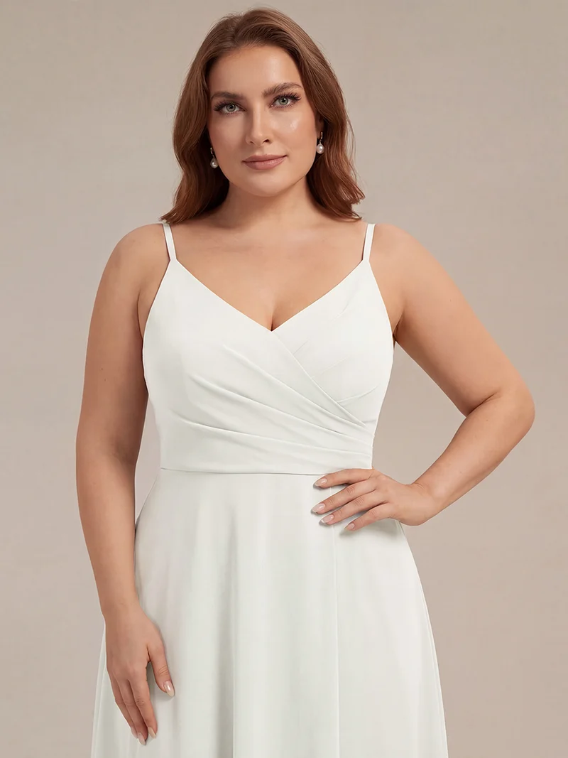 ever RENÉ|Robe de demoiselle d'honneur plissée à bretelles minces et col V