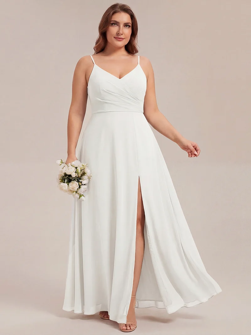 ever RENÉ|Robe de demoiselle d'honneur plissée à bretelles minces et col V