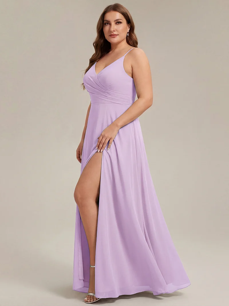 ever RENÉ|Robe de demoiselle d'honneur plissée à bretelles minces et col V