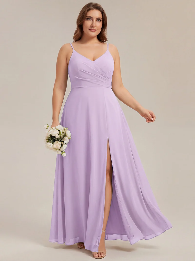 ever RENÉ|Robe de demoiselle d'honneur plissée à bretelles minces et col V
