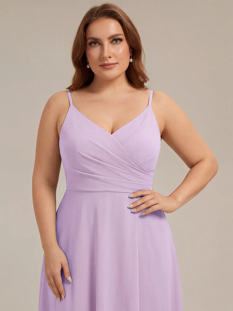 ever RENÉ|Robe de demoiselle d'honneur plissée à bretelles minces et col V