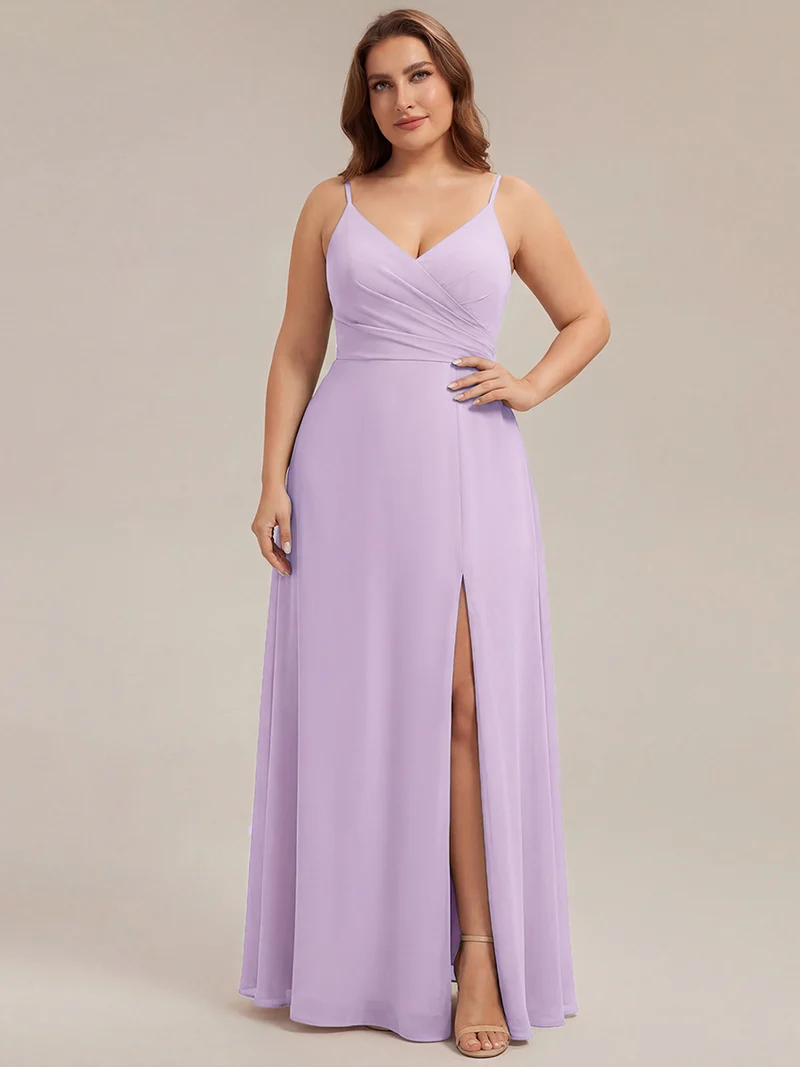 ever RENÉ|Robe de demoiselle d'honneur plissée à bretelles minces et col V