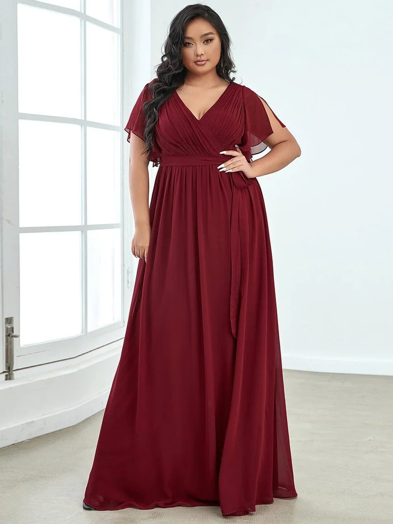 pretty LEORA|Robe de soirée en mousseline de soie longue de grande taille à encolureen V Maxi