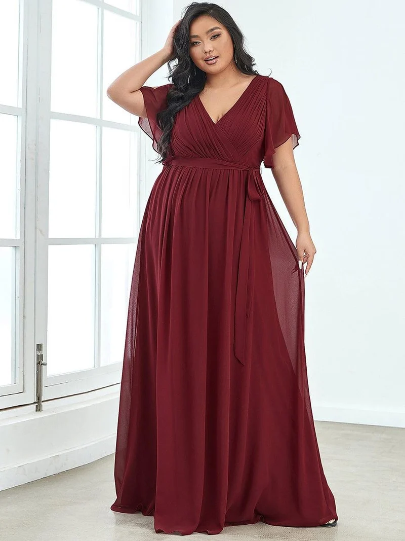 pretty LEORA|Robe de soirée en mousseline de soie longue de grande taille à encolureen V Maxi