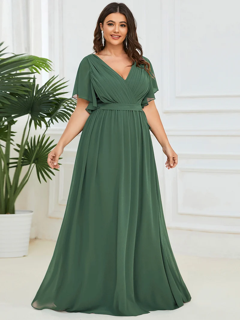 pretty LEORA|Robe de soirée en mousseline de soie longue de grande taille à encolureen V Maxi