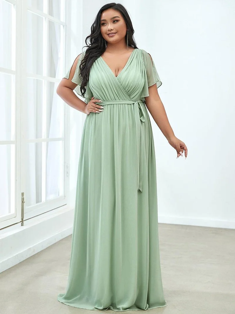 pretty LEORA|Robe de soirée en mousseline de soie longue de grande taille à encolureen V Maxi