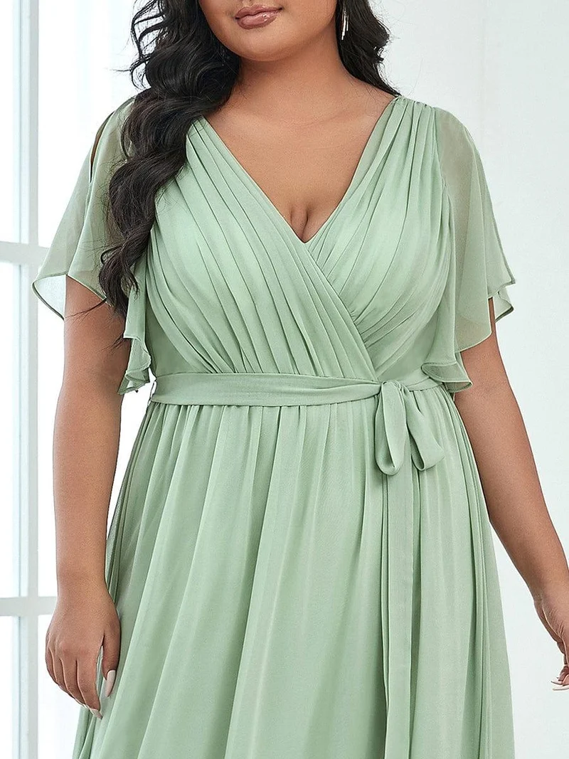 pretty LEORA|Robe de soirée en mousseline de soie longue de grande taille à encolureen V Maxi