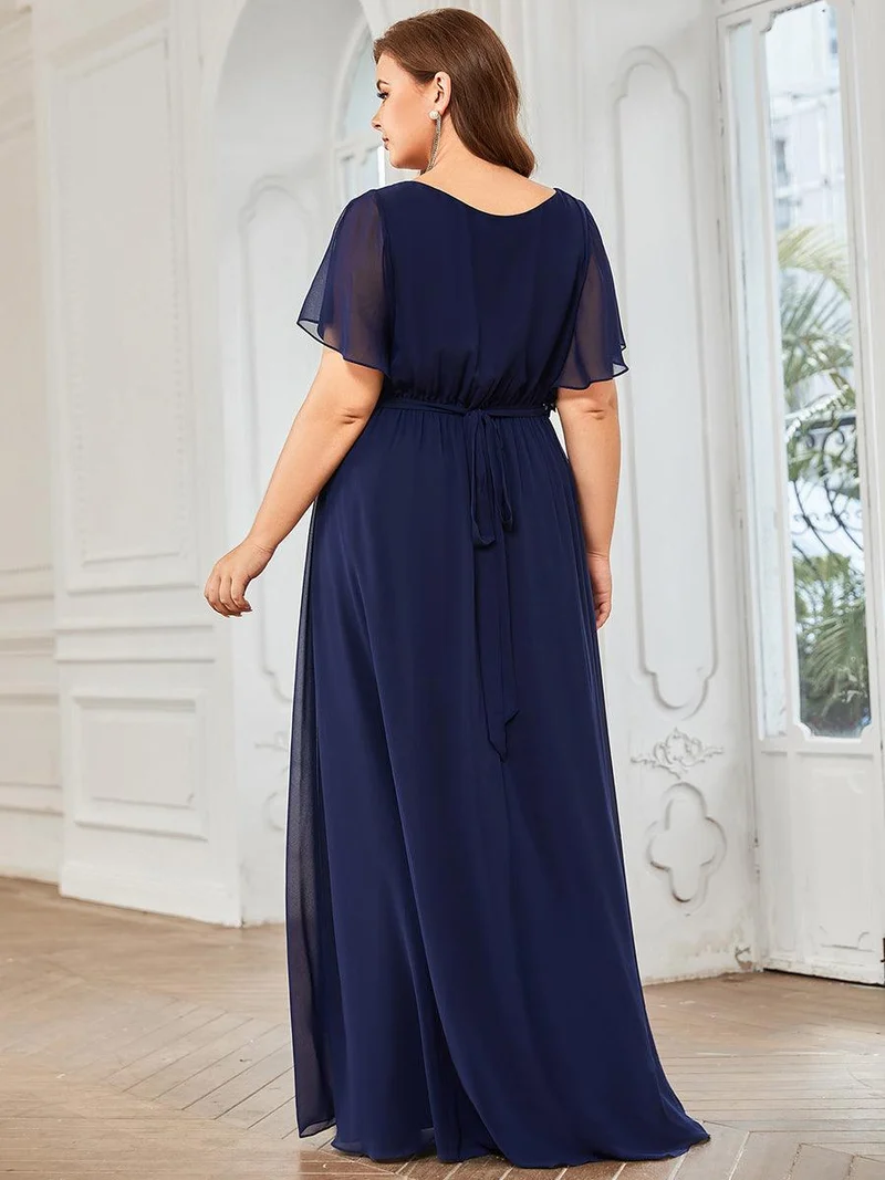pretty LEORA|Robe de soirée en mousseline de soie longue de grande taille à encolureen V Maxi
