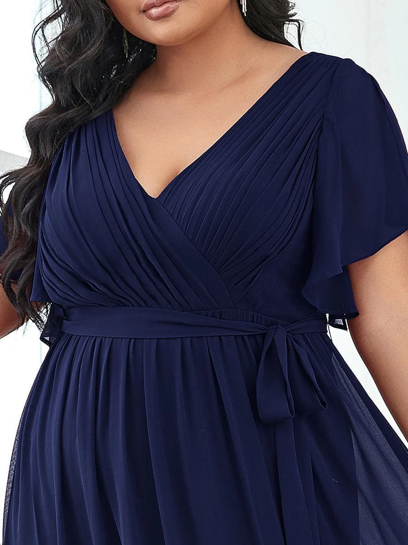 pretty LEORA|Robe de soirée en mousseline de soie longue de grande taille à encolureen V Maxi